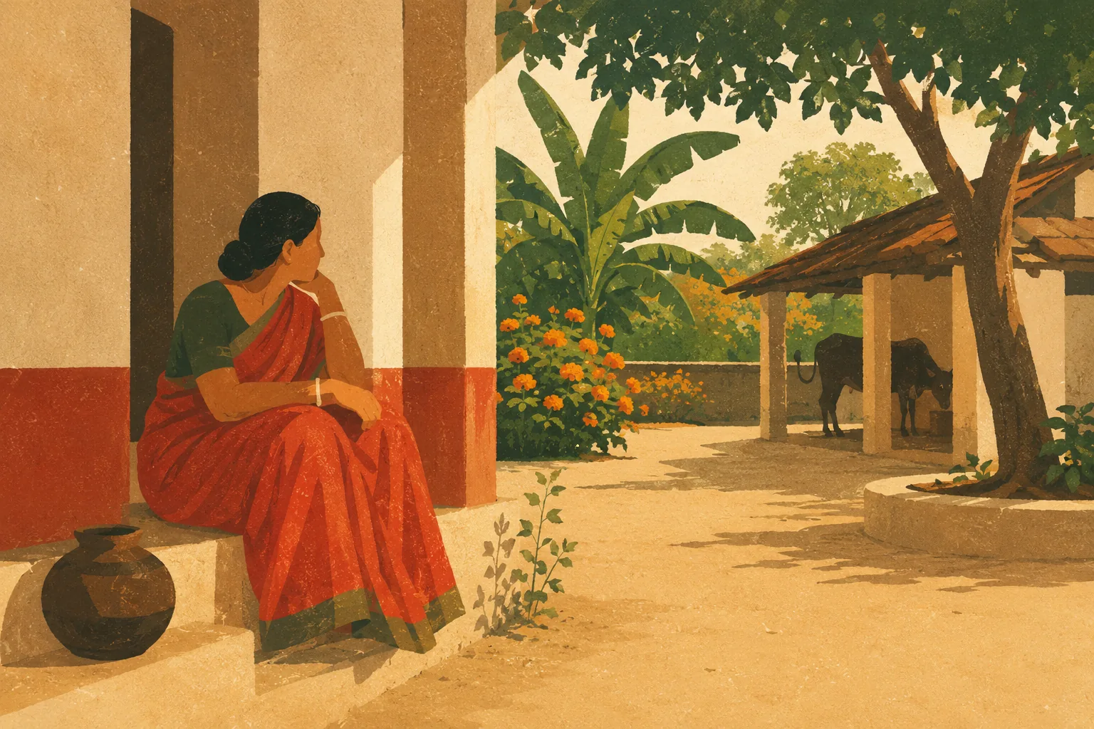 A woman on a veranda looking toward the cow shed across her courtyard