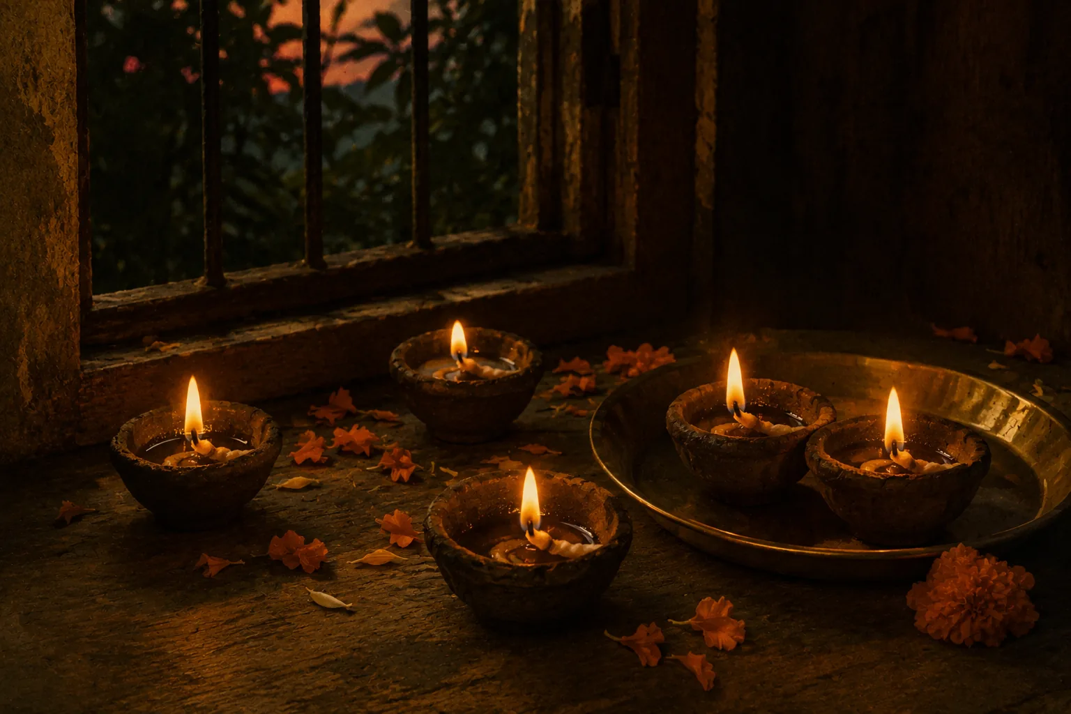 Hand-made diyas glowing on a windowsill at dusk, marigold petals scattered around