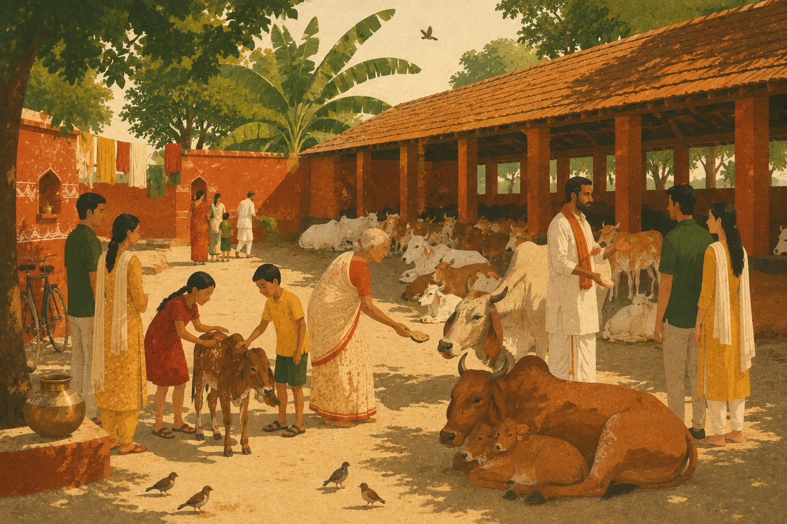 The Kāmya gaushala courtyard full of families and cows
