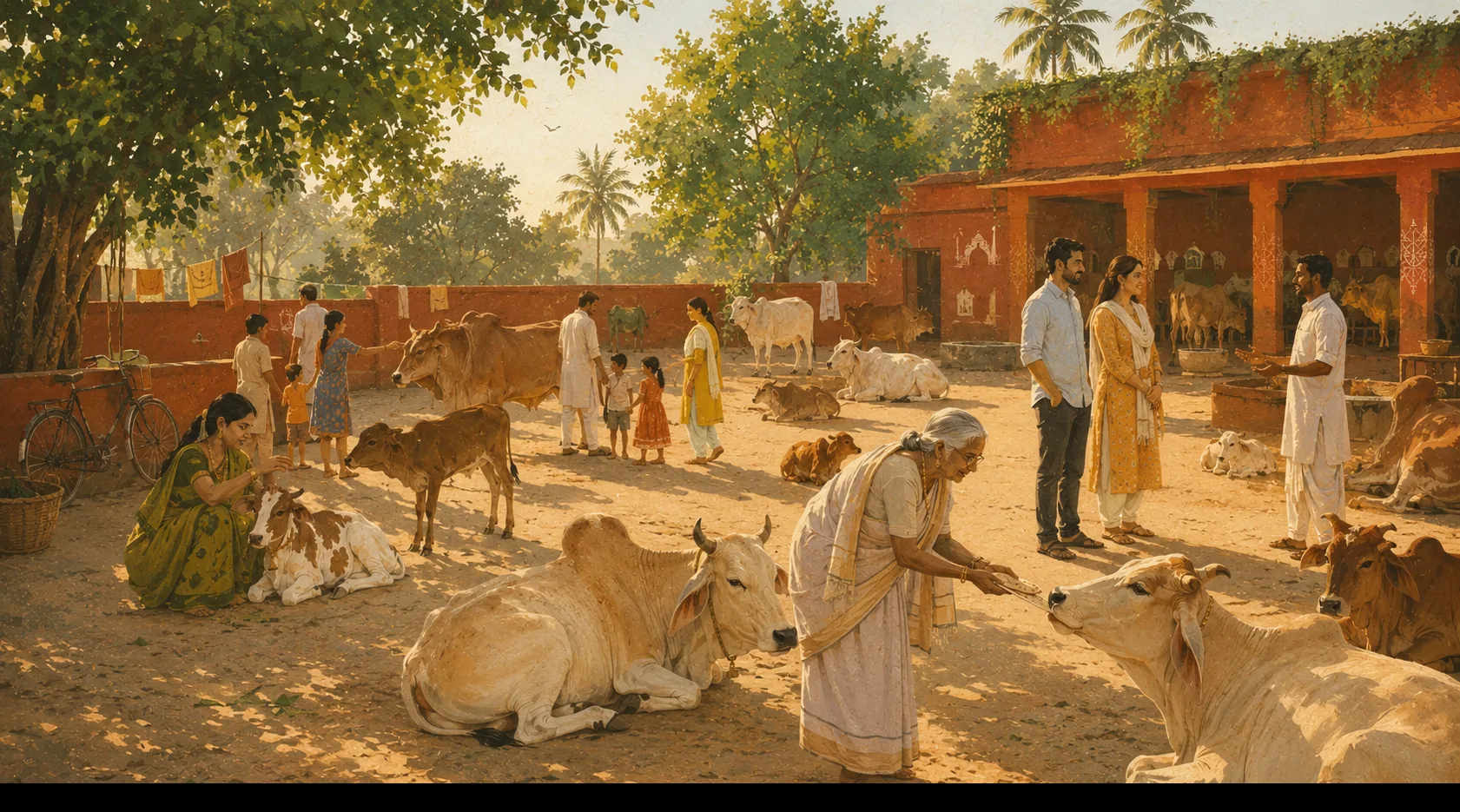 Families and children spending a sunny day among the cows in the Kāmya courtyard